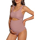 Charmo Maternity One Piece Swimsuit Scalloped Cut Out Ruched High Waisted Scoop Neck Pregnancy Bathing Suit