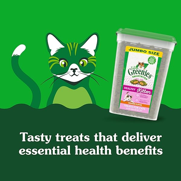 GREENIES FELINE SMARTBITES HEALTHY KITTEN TREATS FOR INDOOR KITTENS, CRUNCHY AND SOFT NATURAL CAT TREATS, CHICKEN FLAVOR, 16 OZ. TUB