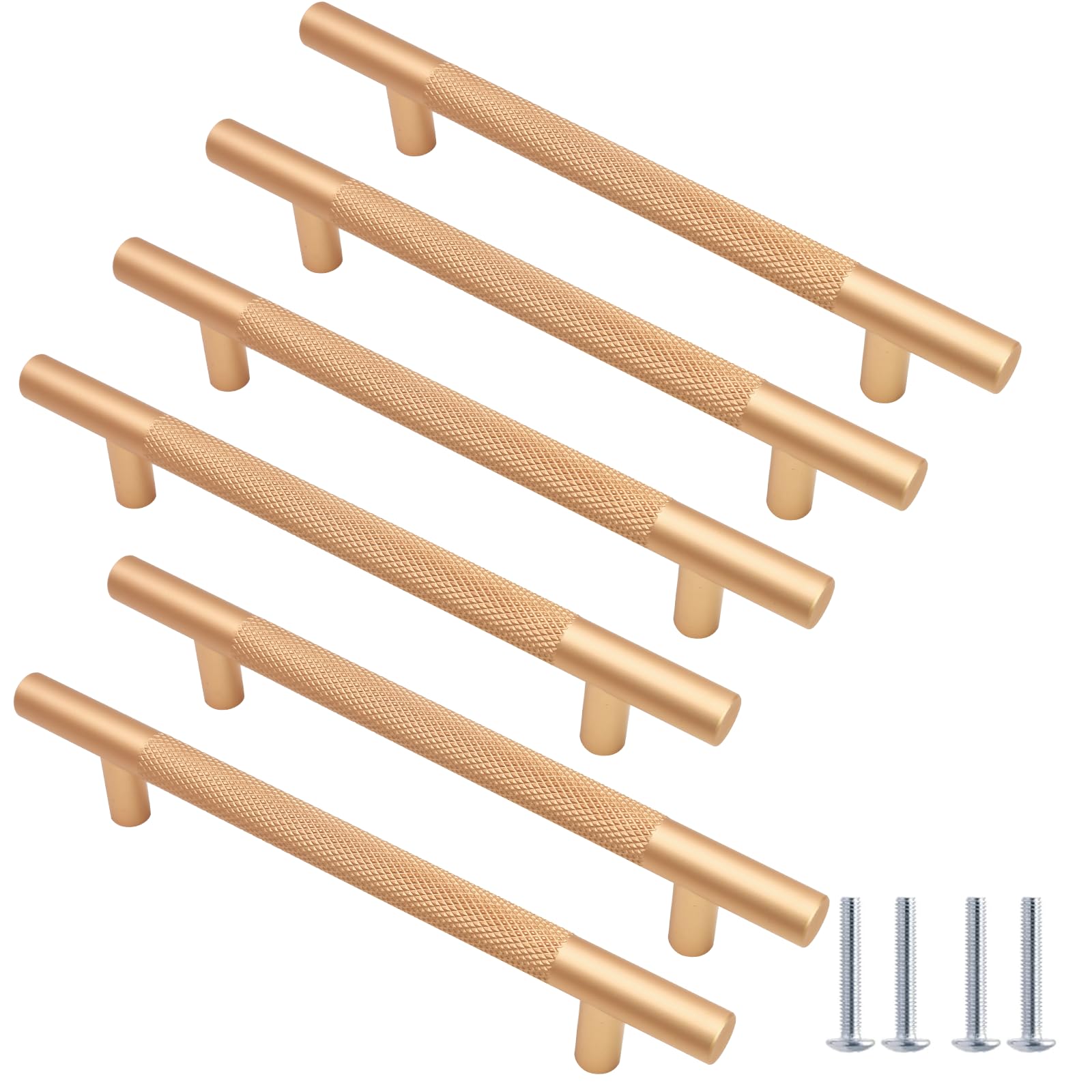 Cjueiom 6 Pack Gold Cupboard Handles - 128mm Hole Center T Bar Knurled Drawer & Wardrobe Door Handles with Diamond Pattern - For Kitchen & Bedroom Cabinet Pulls — image 1