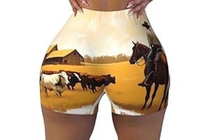 Fuzquwu Western Cowboy Ranch Printed Women’s Workout Shorts, High Stretch Athletic Gym Yoga Running Shorts