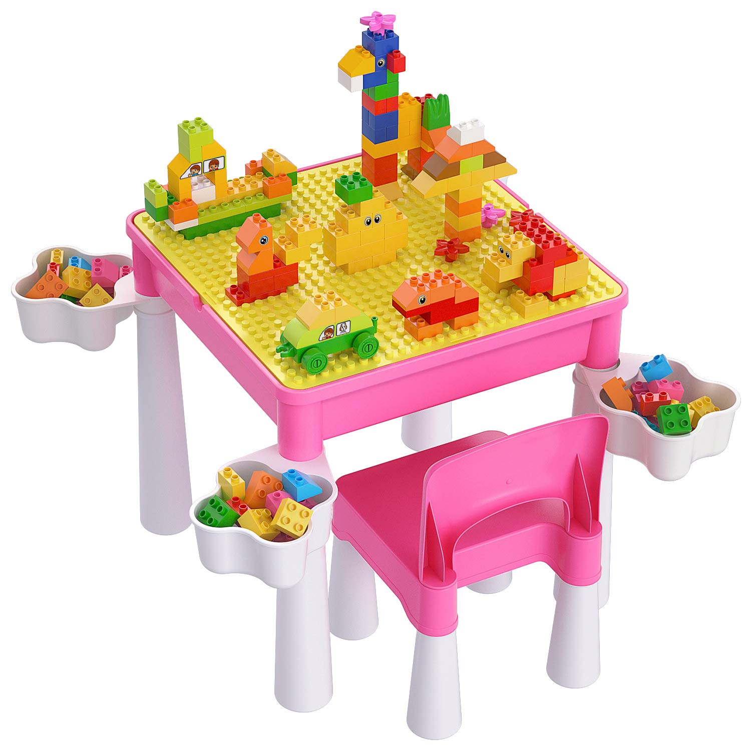 burgkidz Toddler Table and Chair Set, Plastic Kids Activity Table with Chair and 128 Piece Large Creative Bricks Building Construction Toys for Girls, Pink