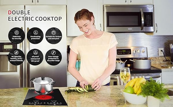 EVITUTA ELECTRIC COOKTOP, 2 BURNER ELECTRIC STOVE WITH LED TOUCH SCREEN, 9 HEATING LEVELS, TIMER, CHILD LOCK, AIR INSULATION, SILENT HEATING, 110V 12 INCH BUILT-IN HOT PLATE