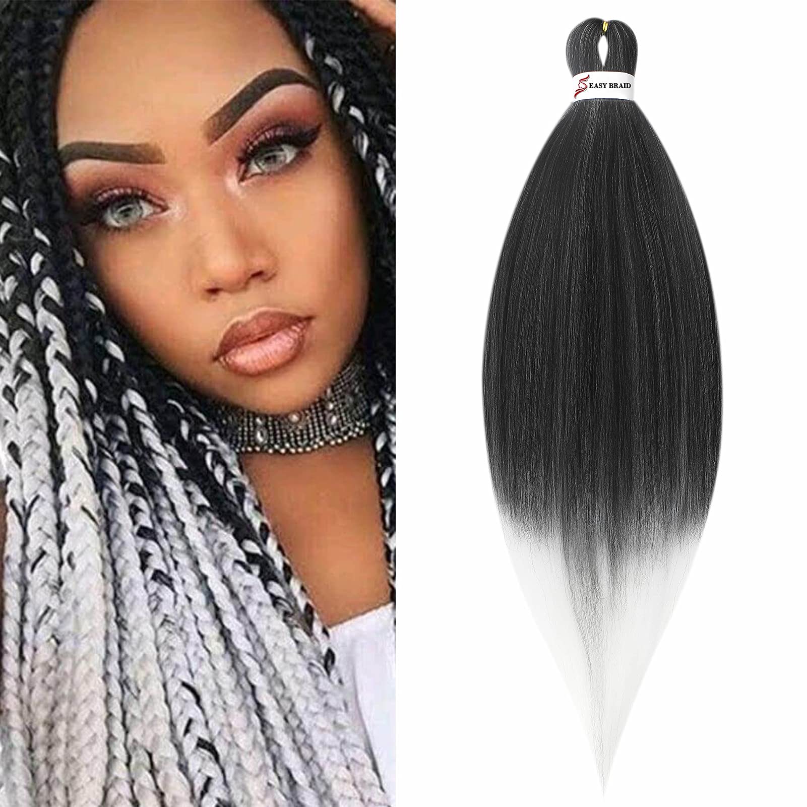 Pre stretched Braiding Hair Easy Braids 26inch 1pack Professional Hair Extensions Hot Water Setting Synthetic Fiber Crochet Twist Hair Yaki Texuture Itch Free Long Soft(Black&Pure White)