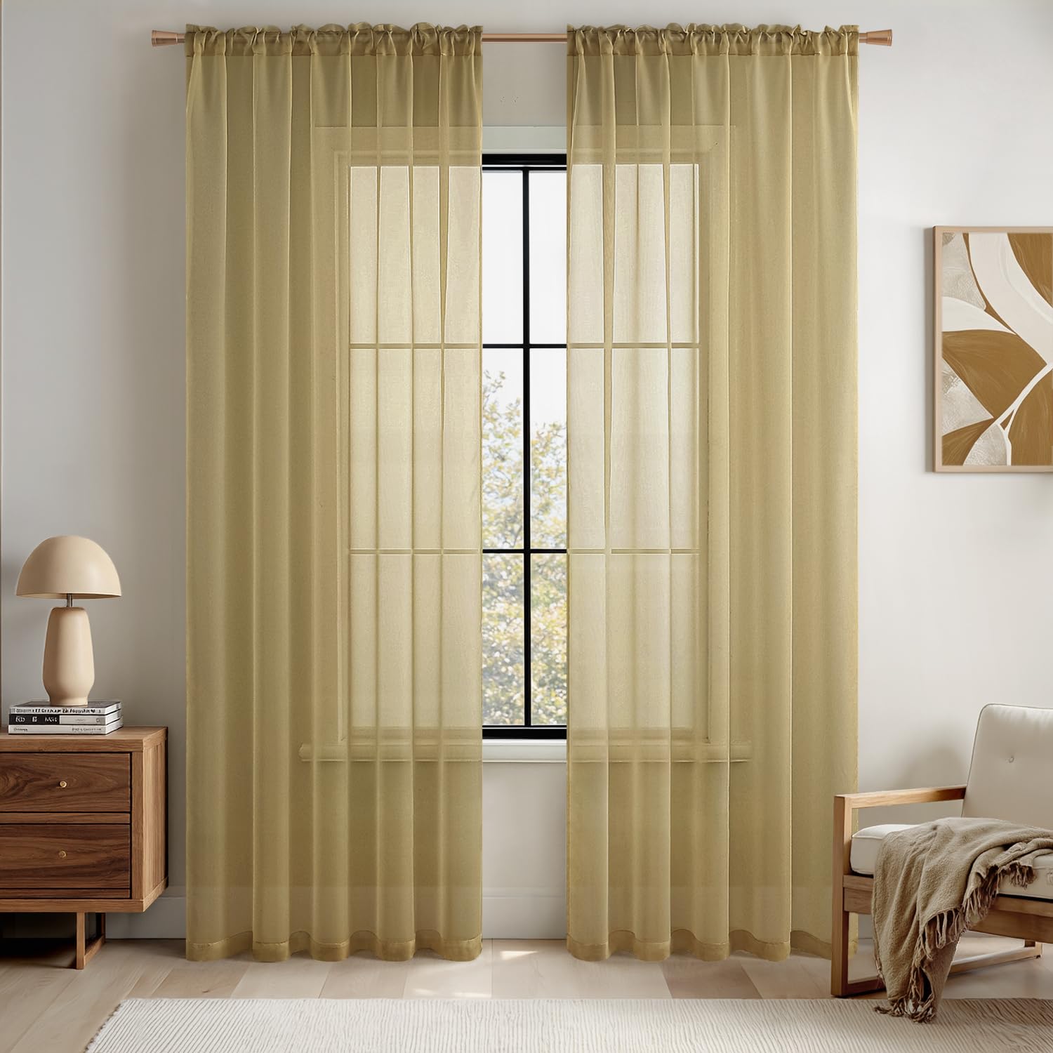 Photo 1 of MIULEE Dark Gold Sheer Curtains 84 Inches Long 2 Panels, Light Filtering Voile Drapes with Rod Pocket for Bedroom and Living Room Windows