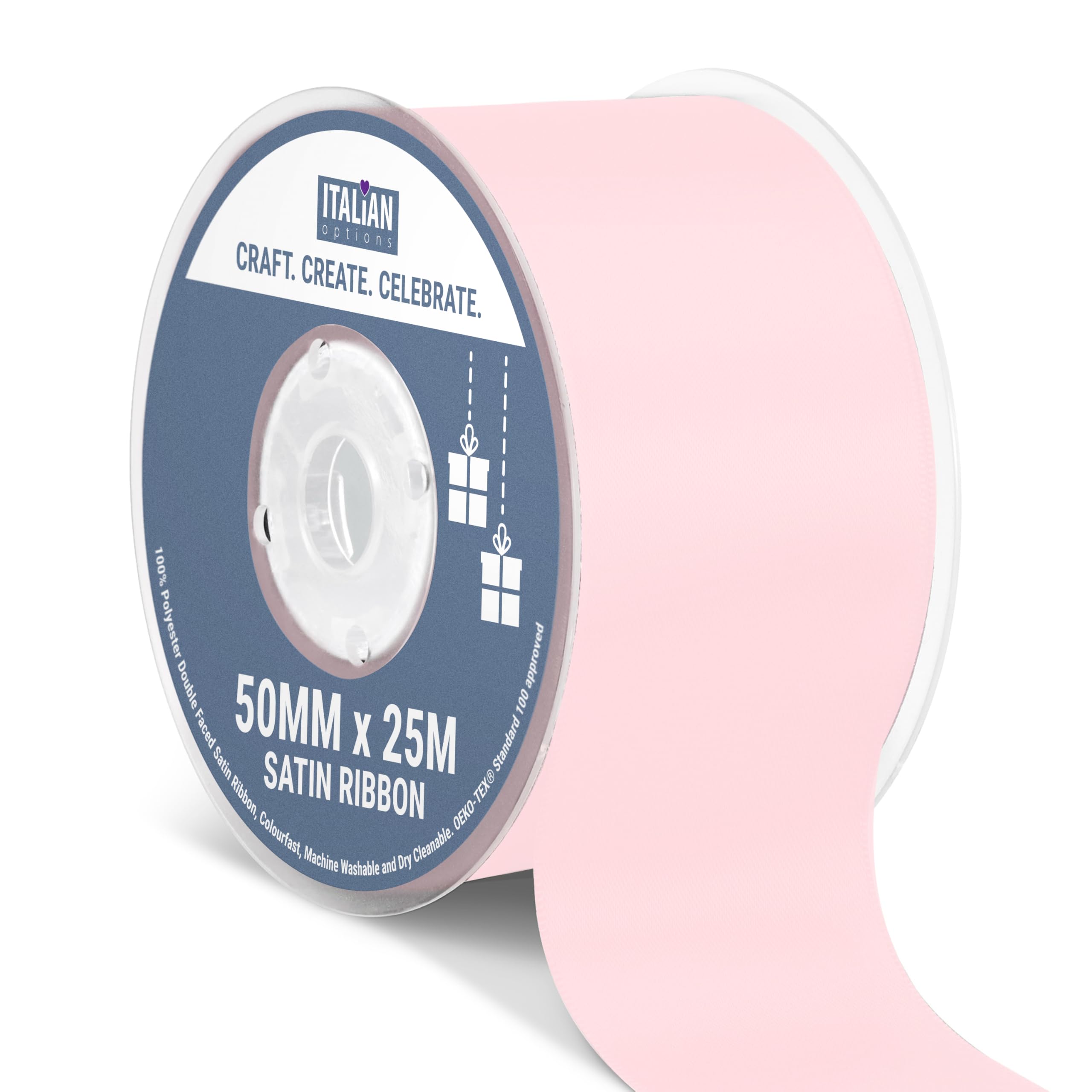 Italian Options Satin Ribbon, Fabric Ribbons for Gift Wrapping, Crafting, Balloons, Wedding Car, Presents, Cake, Christmas, Birthday, Gift Wrap Accessories, 50mm Wide x 25 Metre Roll, Pale Pink