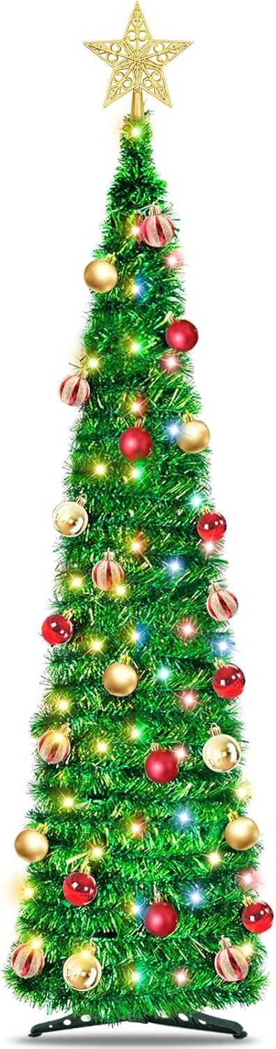 Tree Toppers - 5 Ft Lighted Bling Christmas Pencil Tree with Timer 50 Warm White & Multi Color Light 3D Star 25 Ball Ornament Battery Operated, Glitter Tinsel Pop Up Slim Christmas Tree Decor Indoor Home (Green)
