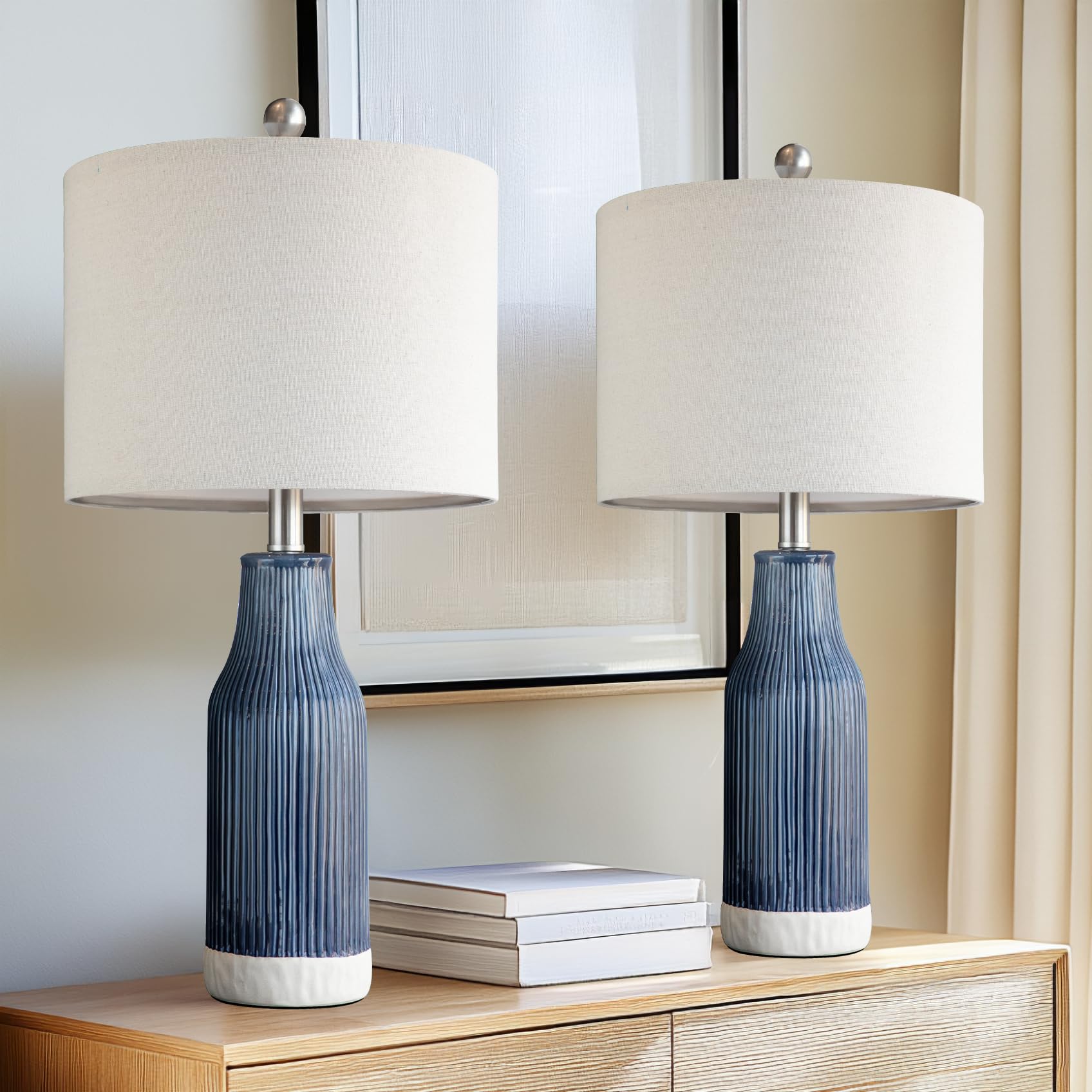 Photo 1 of USumkky 23.75" Modern Blue Ceramic Table Lamp Set of 2 for Living Room, Farmhouse Bedside Nightstand Lamp for Bedroom Home Office Dorm