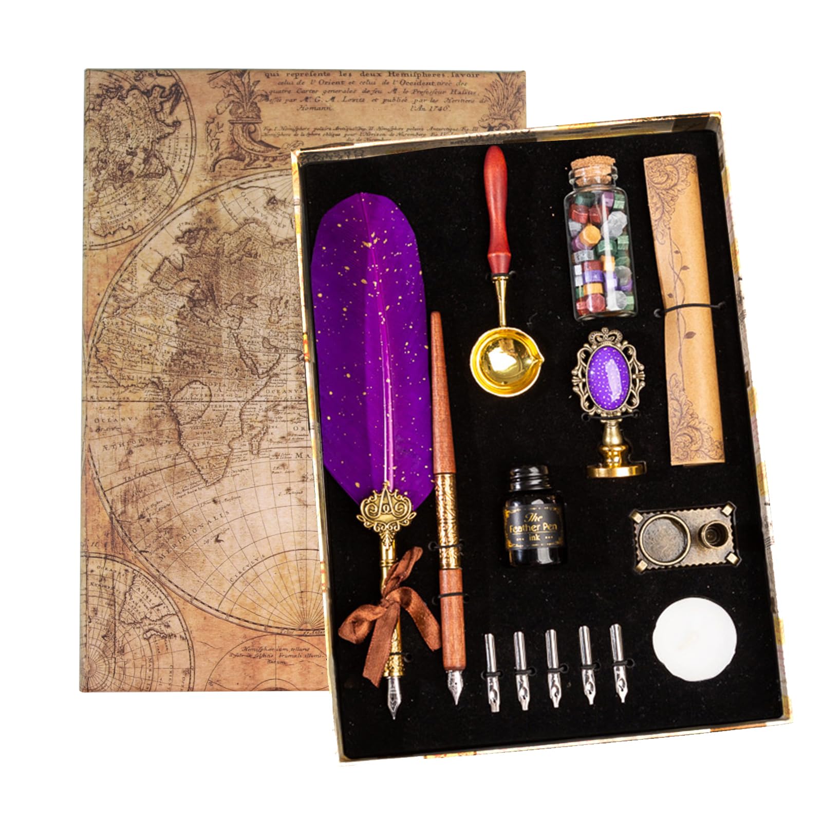 Joyeee Feather Pen Ink Set, include Quill, Wooden Dip Pen, Black Ink, Replaceable Nibs, Seal Stamp, Sealing Wax Beads, Melting Spoon, Tea Wax, Dip Pen Holder Stand, Letter Paper
