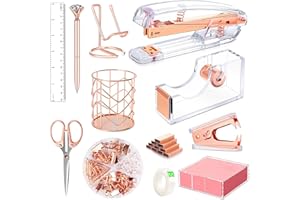 FAMASSI Rose Gold Office Supplies and Accessories, Acrylic Stapler, Staple Remover, Tape Holder, Ballpoint Pen, Scissor, Binder Clips, Staples, Phone Holder, Ruler, Transparent Glue and 300 Notes