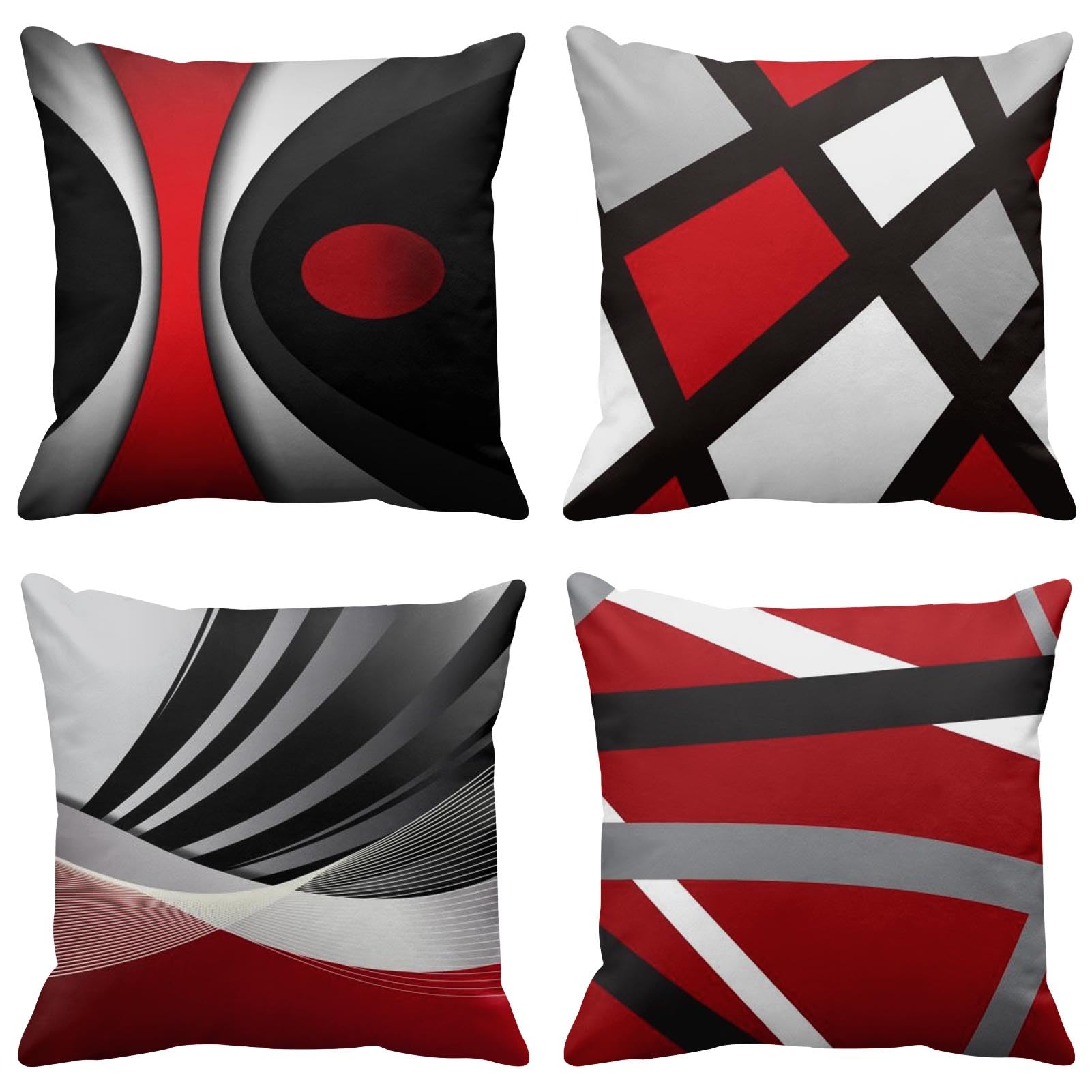 Photo 1 of Emvency Set of 4 Throw Pillow Covers Modern Abstract Red Stripes Gray Black White Acrylic Bold Grey Decorative Pillow Cases Home Decor Square 26x26 Inches Pillowcases
