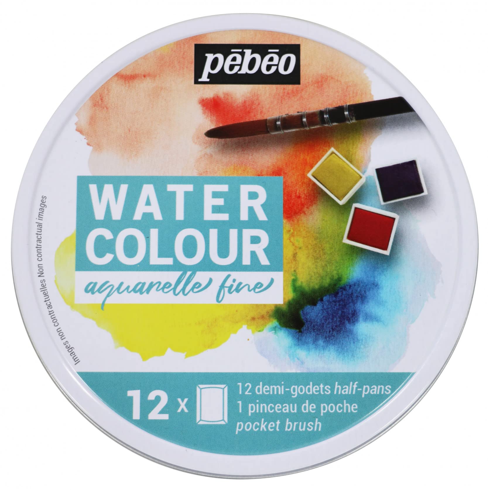 PEBEO 300075 Fine Watercolours Round Metal Box of 12 Half Pans, 1 brush and 1 palette,Assorted — image 1