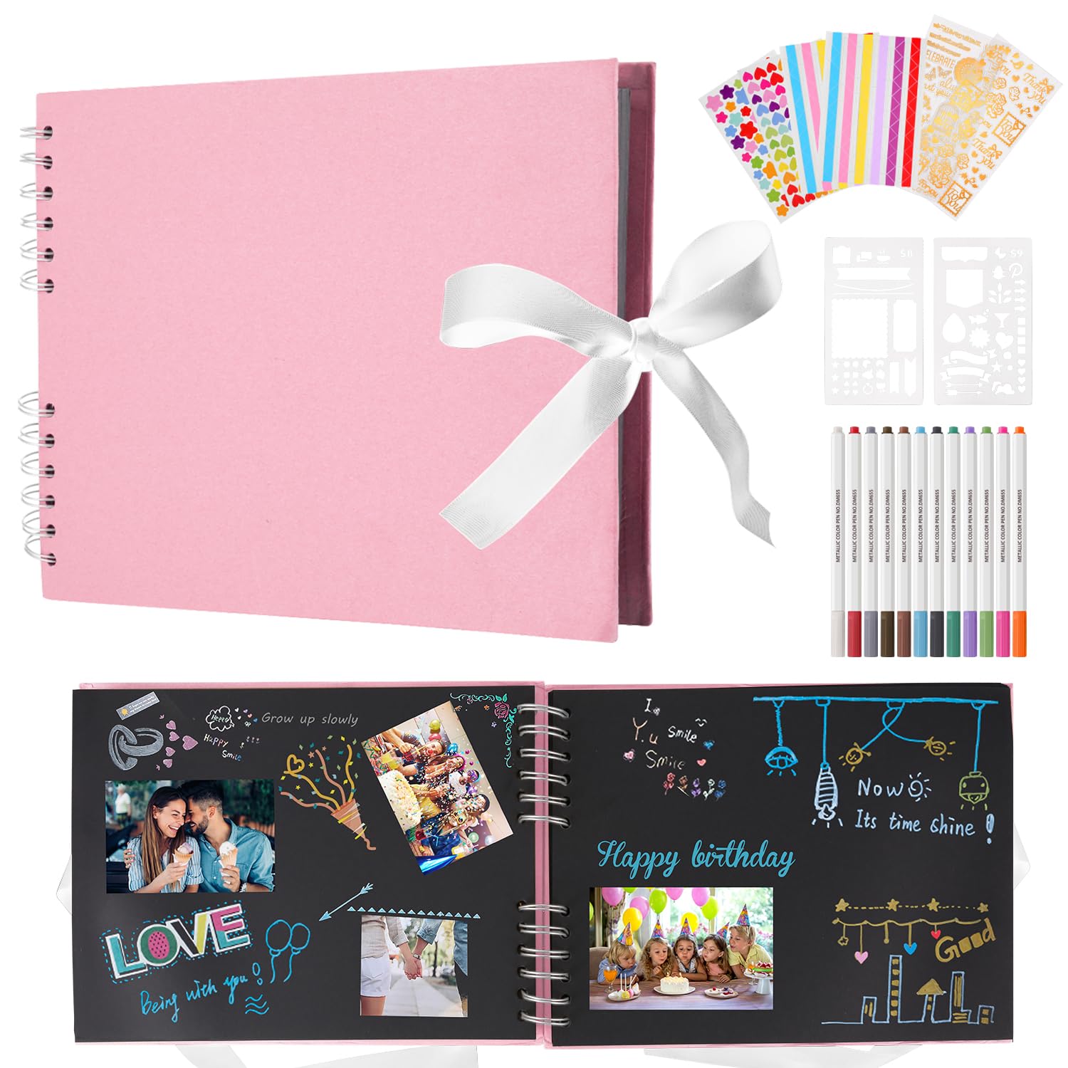 DazSpirit Photo Album Scrapbook - 80 Page DIY Memory Book with 12 Metallic Pens & 8 Photo Stickers, Holds 420 Photos - Scrapbook Kit, Perfect for Writing, Drawing, and Storing Memories(Pink)
