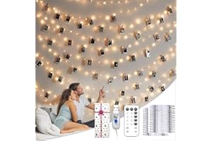 BRYUBR Photo Clips String Lights for Decor: USB Powered 40Ft 120LED 50 Clear Clips - Waterproof/8 Modes/Remote/Timer Fairy Light for Girls Bedroom Dorm Picture Hanging - Christmas Party Wedding Decorations