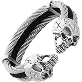 Klapgo Men's Gothic Skull Bracelet Stainless Steel Cable and Leather Punk Silver Black Bangle, Open Cuff Design for Biker Rocker Gothic Jewelry
