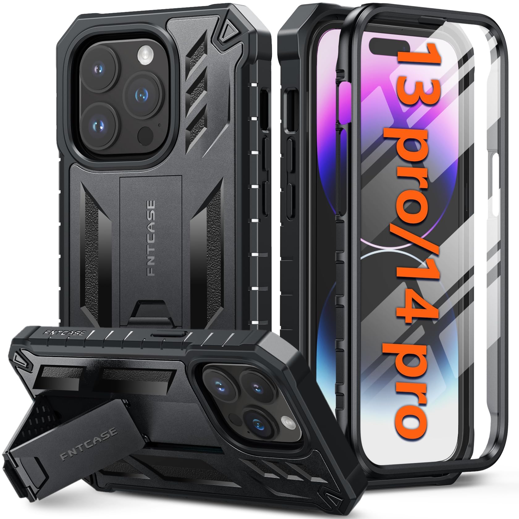 Photo 1 of FNTCASE for iPhone 14-Pro Phone Case: for iPhone 13 Pro Cases | Military Grade Drop Proof Protection Mobile Cover with Kickstand | Matte Textured Rugged Shockproof TPU | Protective Sturdy - Black