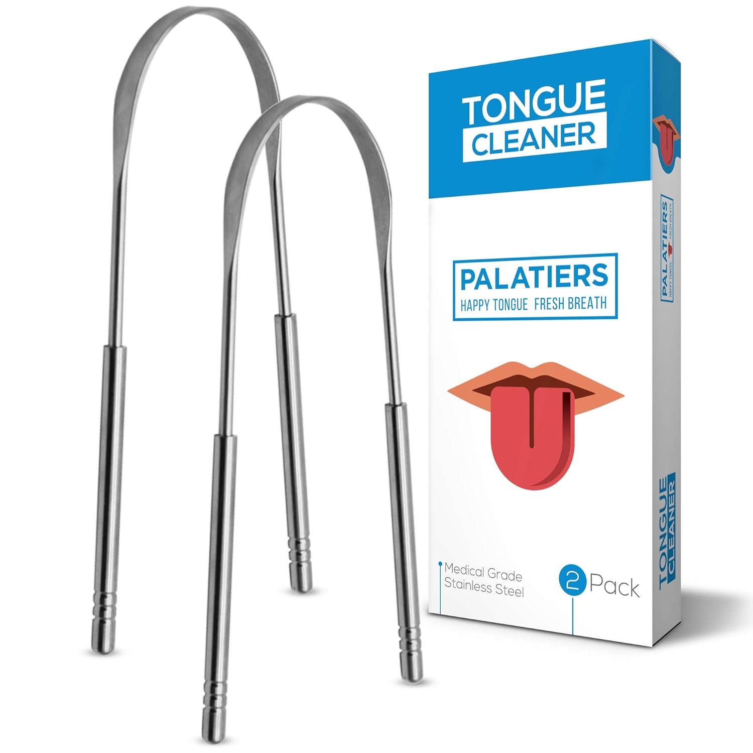 Tongue Scraper Cleaner by Palatiers - Reduce Bad Breath - Halitosis - Medical Grade Stainless Steel - For Adults & Kids 2 Pack - Better Oral and Dental Health - Eco-Friendly