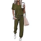 MASCOMODA Womens 2 Piece Outfits Summer Casual V Neck Short Sleeve Tops Long Pants Tracksuit Lounge Jogger Set with Pockets