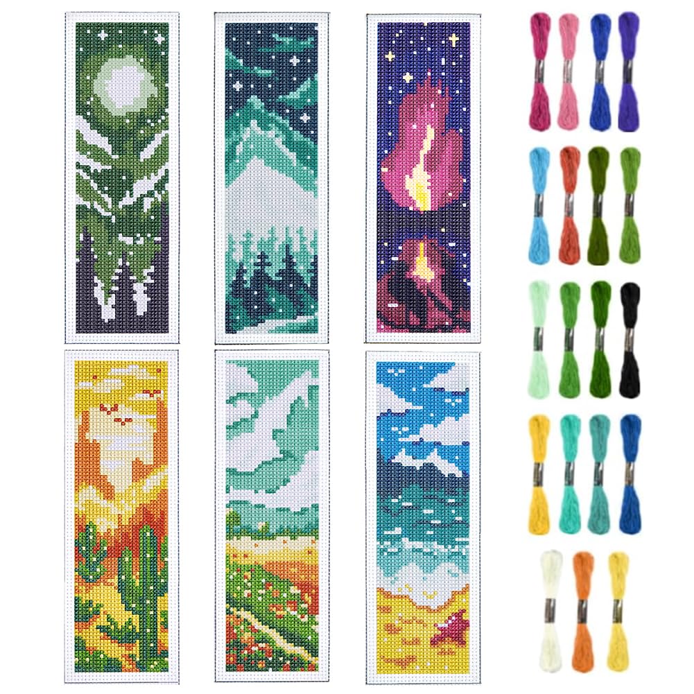 INFUNLY 6pcs Scenery Cross Stitch Bookmark Kit DIY Beach Stamped Embroidery Bookmark Kits 8x2.4 Mountain Needlepoint Bookmark Kit with Instruction Aurora Easy Cross Stitch Kits for Adults Beginners