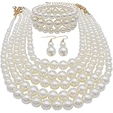 We We Faux Large Pearl Necklace for Women Five Multi Strand Pearls Necklace Bracelet Earrings set Big Pearl Bib Choker Necklaces 1920s Costume Jewelry Set