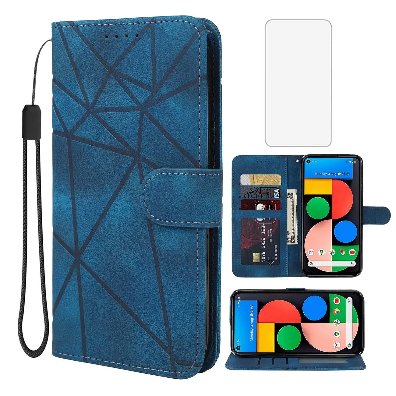 Wanyuexes Case for Pixel 4A 5G Case, Pixel 5XL G025I Wallet Case with Tempered Glass Screen Protector, Skin Feel PU Leather Flip Folio Credit Card Holder Stand Phone Cover for Google Pixel 4A 5G Blue