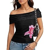 Dokotoo Women's Off Shoulder Printed Mesh Top Ruched Slim Fit Blouse