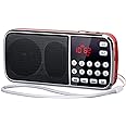 PRUNUS J-189 Bluetooth AM FM Radio, Small Portable Radio - Dual Speaker Heavy Bass, LED Flashlight, Pocket Size, TF Card USB AUX MP3 Player, Rechargeable Battery Operated Small Radios(Red)