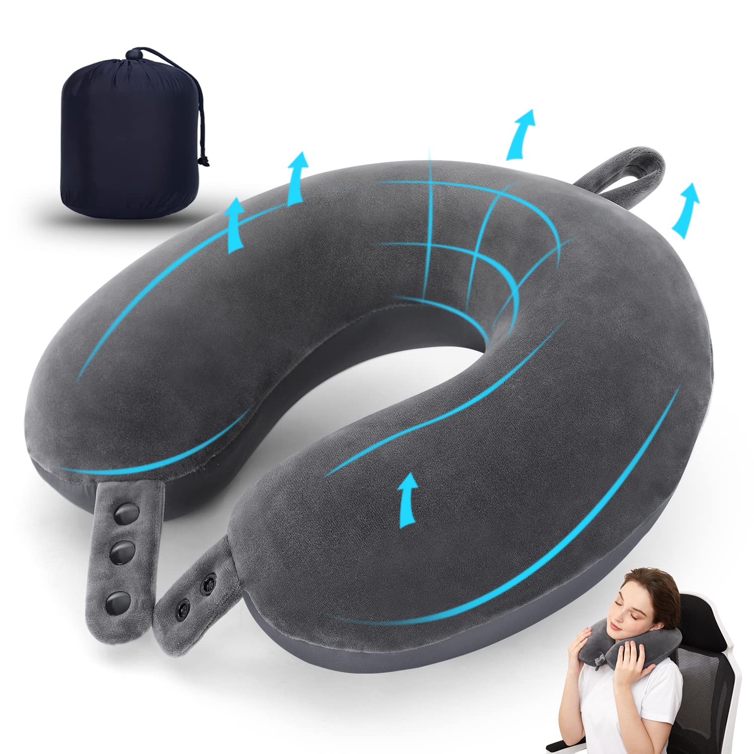 TALLGO Travel Neck Pillow, Best Memory Foam Airplane Pillow for Head Support Soft Adjustable Pillow for Plane, Car & Home Recliner Use (Grey)