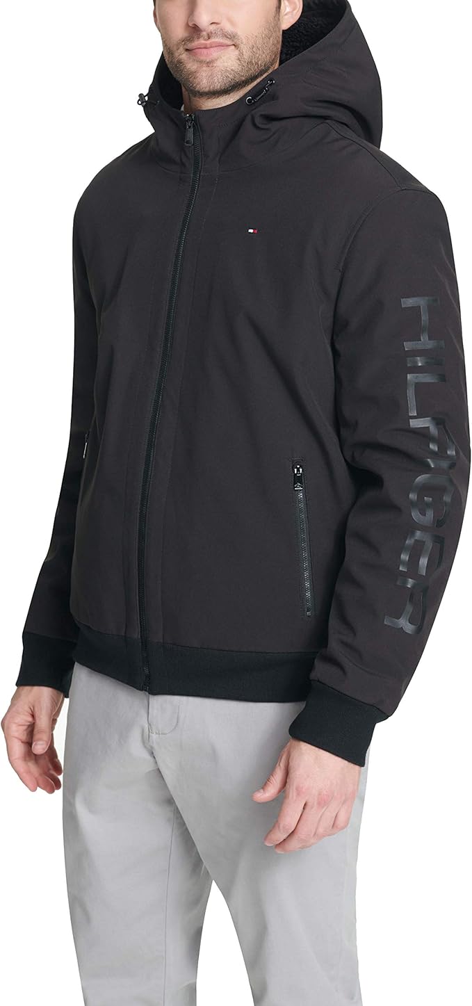 Tommy Hilfiger Men's Softshell Hoody Bomber Jacket with Sherpa Lining