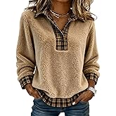 CZLFDFZ Women's Teddy Fleece Plaid Contrast Polo Collar Long Sleeve Casual Pullover Top Button Design 2025 Trendy