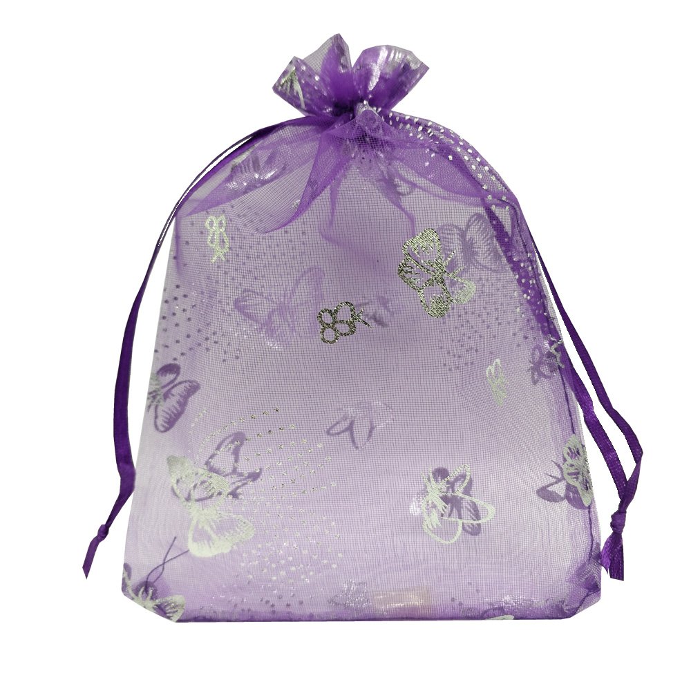 Ankirol 100pcs Sheer Organza Favor Gift Bags Purple Butterfly Print for Wedding Bags Samples Display Drawstring Pouches (4x6)