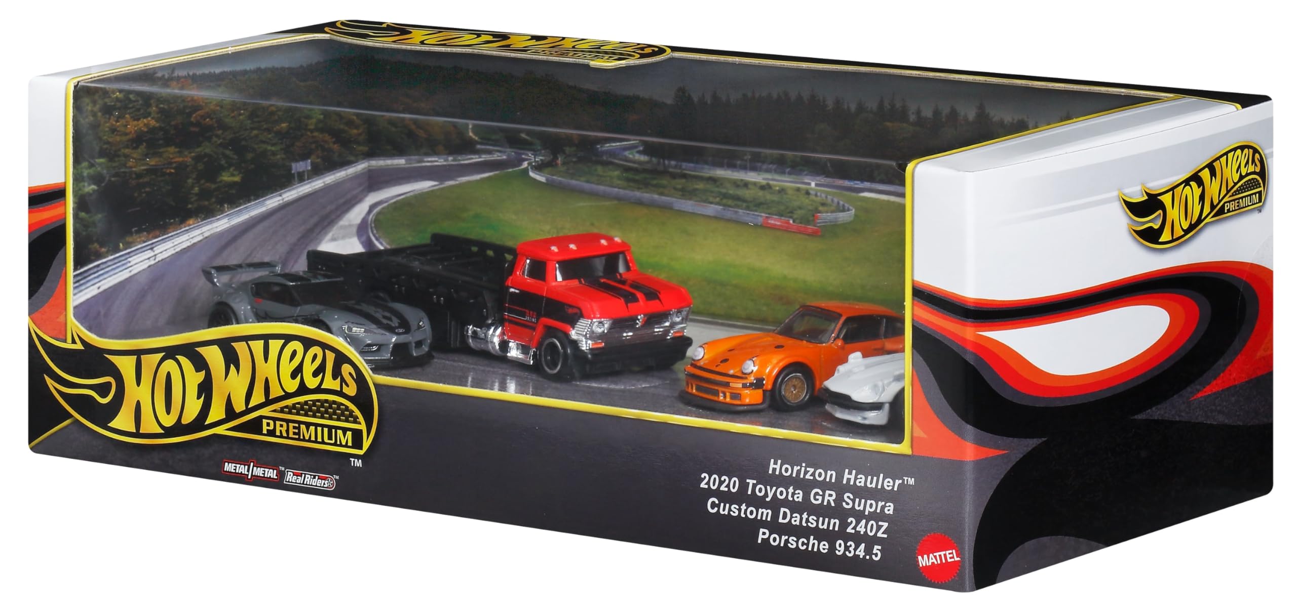 Hot Wheels Premium Set of 4 Die-Cast Cars with Transporter Toyota GR Supra, Datsun 240Z, Porsche 934.5