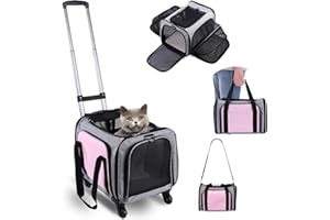 Pet Carrier Airline Approved on Wheels - Two Sided Expandable Cat Soft Carrier for Puppy and Cats Under 26lbs, Rolling Cat Ca