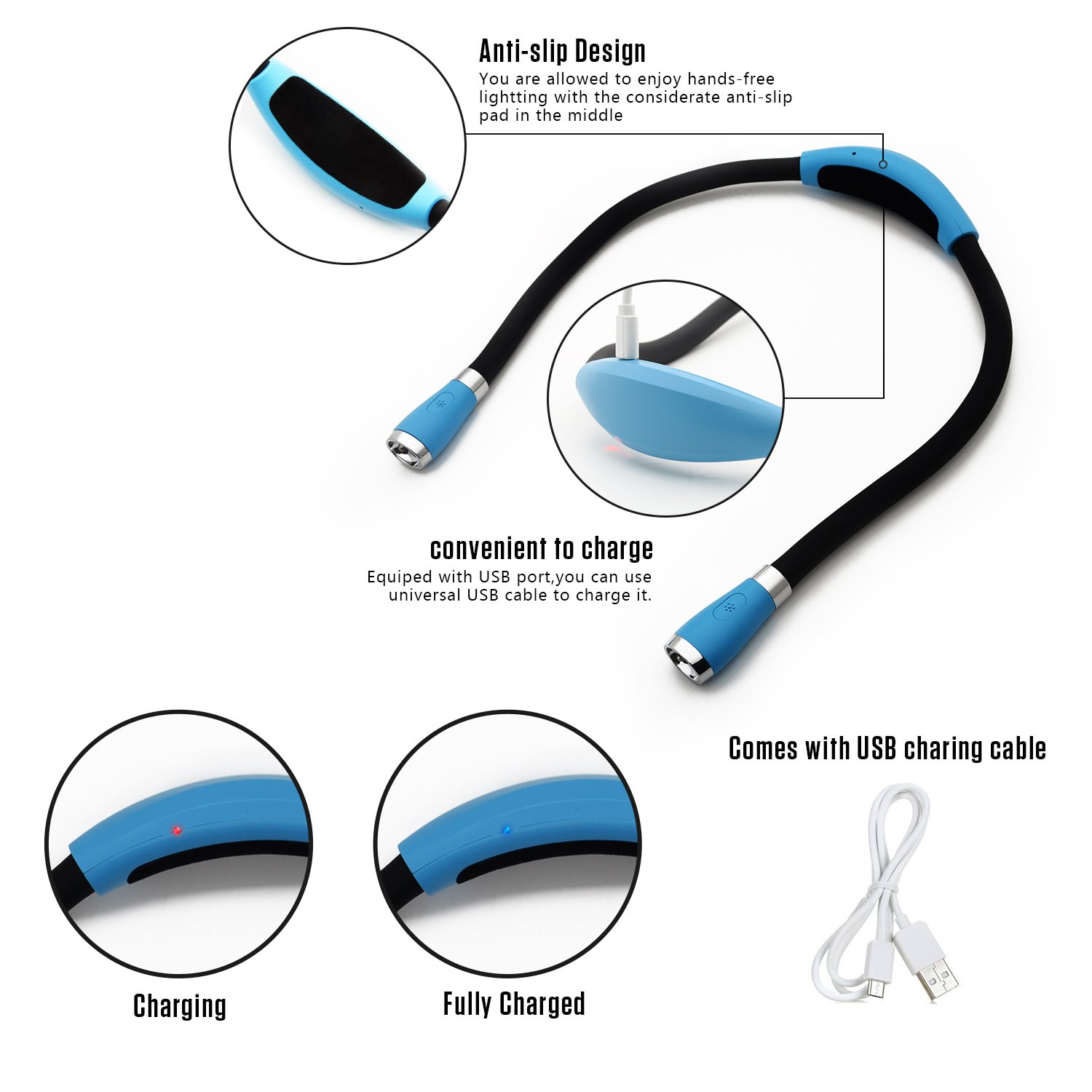 LUXJET® Flexibel LED Buchlampen Wiederaufladbar Leselampe Lampe, auch für kinderbeleuchte/joggen/wandern/Camping/Picknick (Hände frei/ 3 Helligkeitsstufen/USB Anschluss) (Hellblau)