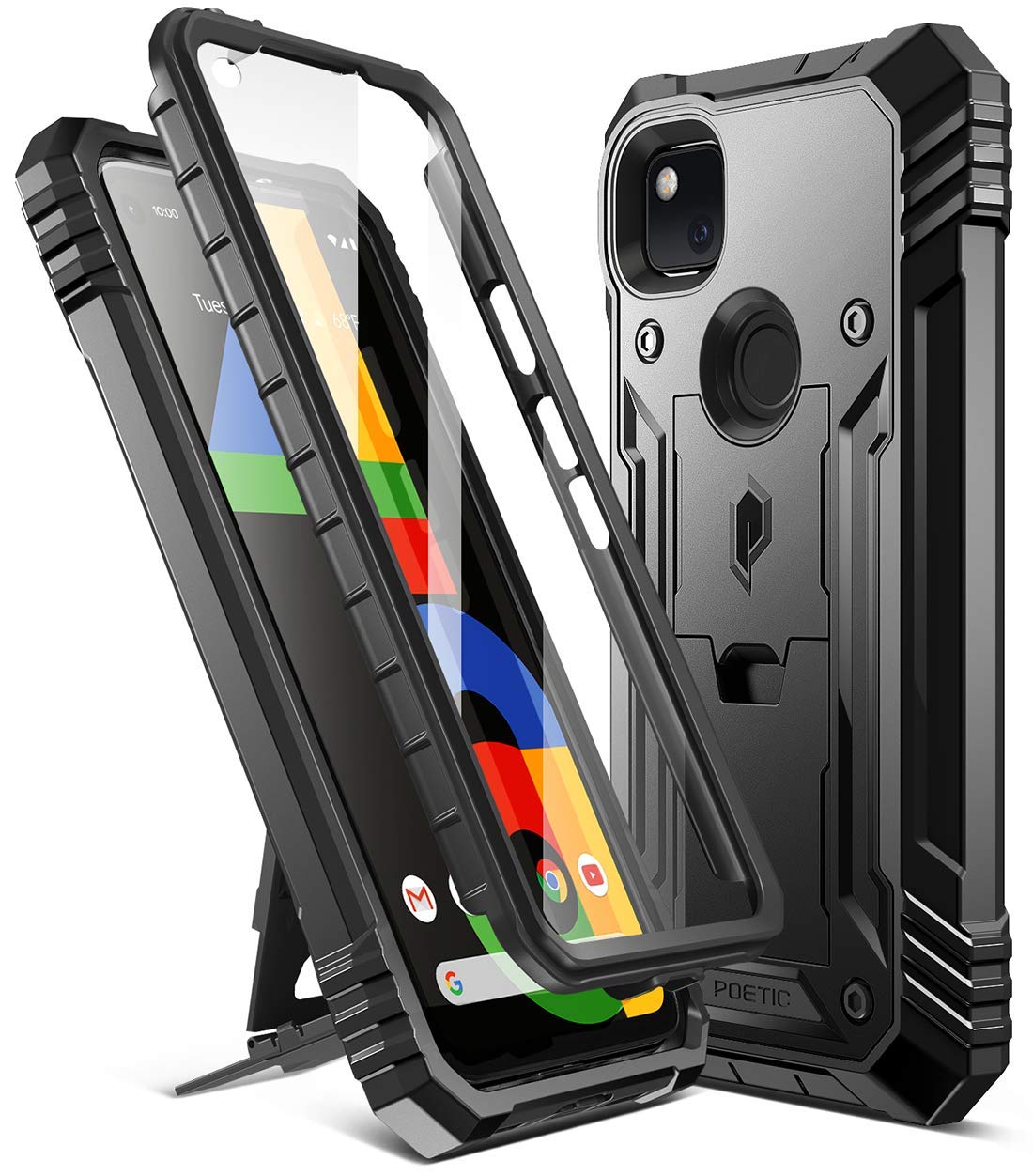 Poetic Revolution Series Case Compatible with Pixel 4a 5.8 inch (2020), Full-Body Rugged Dual-Layer Shockproof Protective Cover with Kickstand and Built-In-Screen Protector, Black