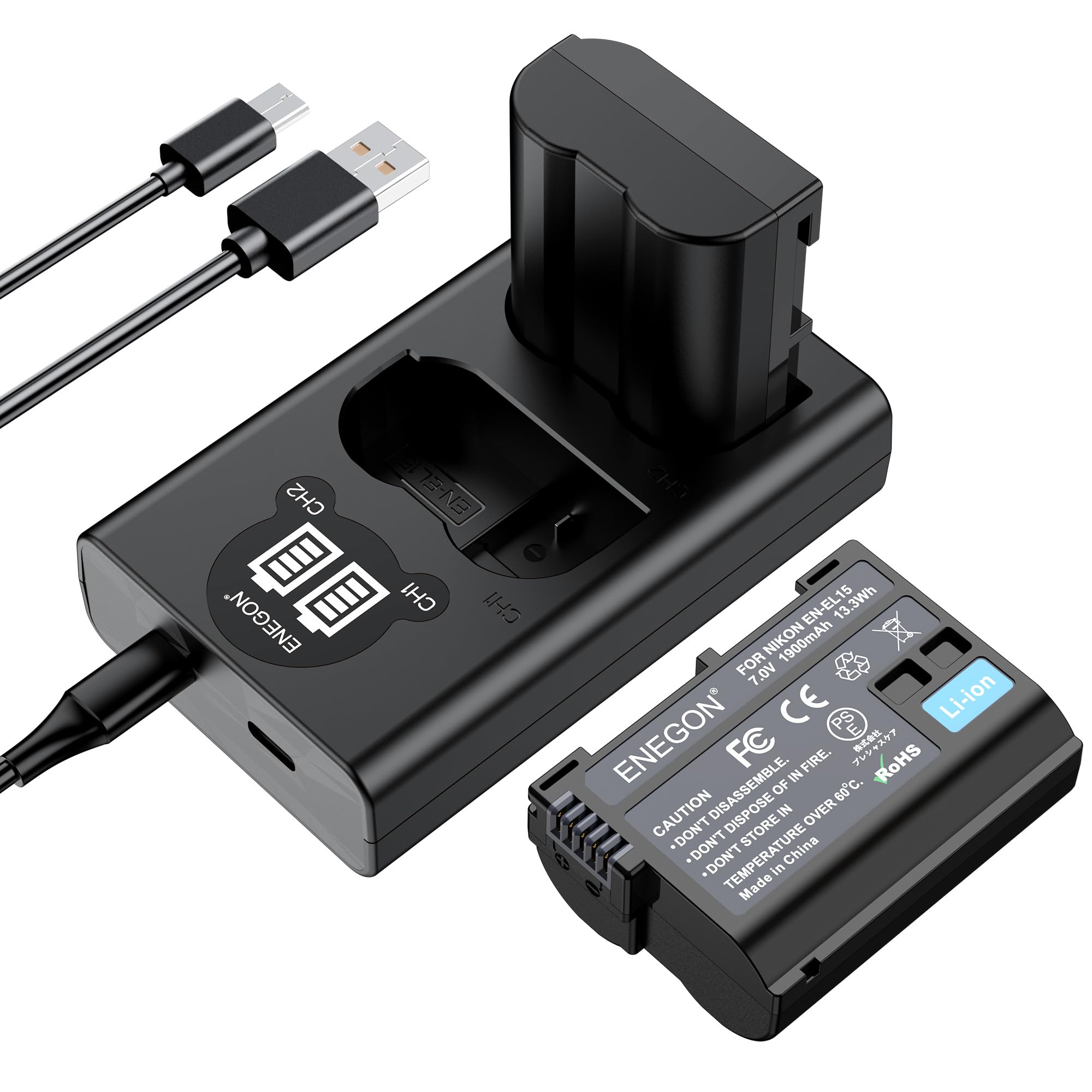ENEGON EN-EL15C Battery and LCD Dual Charger Kit for Nikon ZF, Z5 Z6,Z6 II/III, Z7 Z8, D7500 D7000, D7100, D7200 D500, D600, D610, D750,D780 D800, D810, D800E, D810A,D850,2-Pack