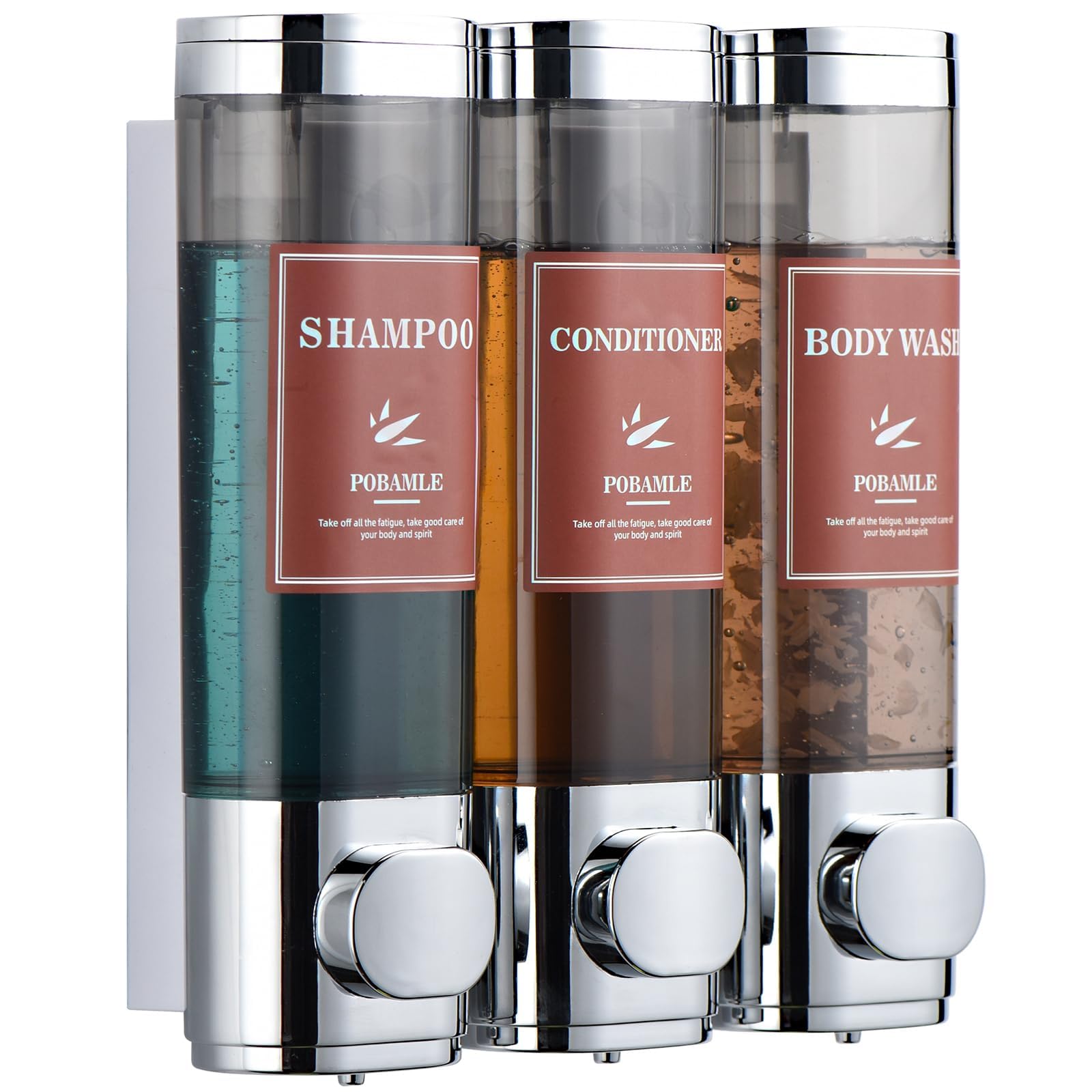 Shampoo and Conditioner Dispenser Wall Mounted Shower Soap Dispenser No Drill Shampoo Dispenser for Shower 3 Chamber Bathroom Body Wash Shower Gel Holder Chrome