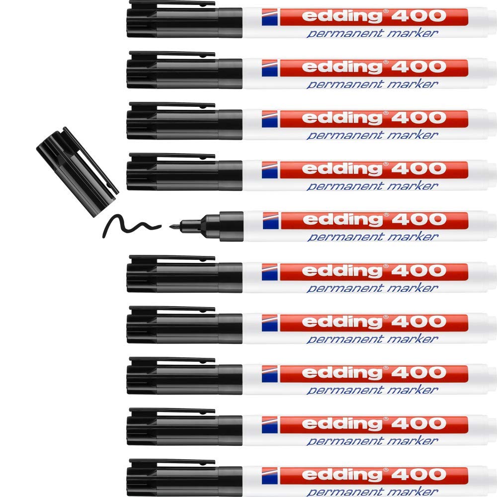 edding 400 permanent marker - black - 10 pens - fine round tip 1 mm - waterproof, quick-drying, smear-proof pens - for cardboard, plastic, wood, metal, glass and fabric
