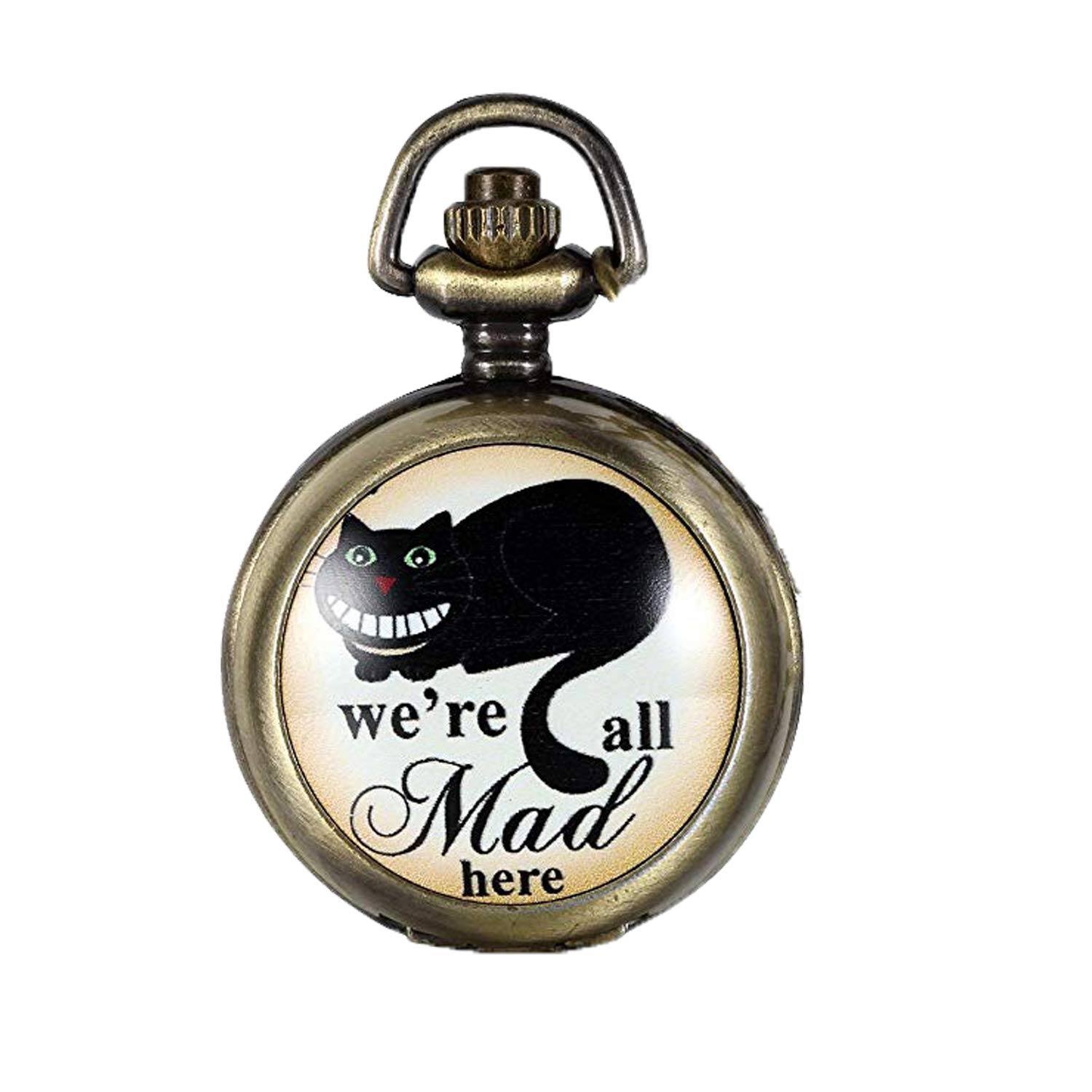 JewelryWe Vintage Retro We are All Mad Here Pocket Locket Quartz Watch Pendant Necklace 30.7 Inch Chain