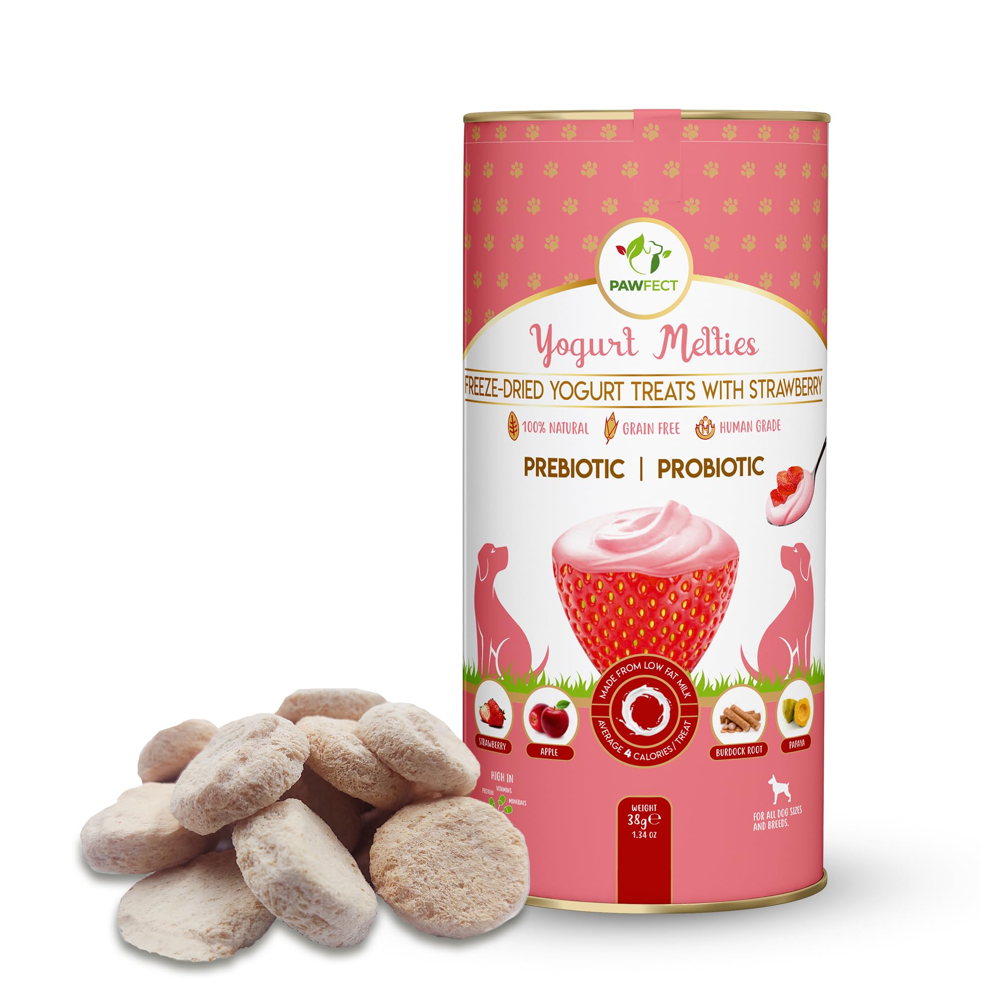 Pawfect Yogurt Melties Freeze Dried Pre and Probiotic Dog Treats with Strawberry, Apple, Papaya & Burdock Root - Healthy Gut- Low Calories- Grain & Gluten Free - Reward or Training Treats (38g/1.34oz)