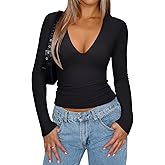 REORIA Women's Sexy Plunge Deep V Neck Long Sleeve Basic T Shirts Trendy Slim Fit Lightweight Y2K Going Out Crop Tops