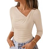 ZESICA Womens 3/4 Sleeve Asymmetrical Fall Shirts Ruched Going Out Tops | Fitted Tee Shirts, Dressy Blouse, Trendy, Sexy, Date Night, Party, Club, Concert, Business Casual, Spring Summer Fall Outfits