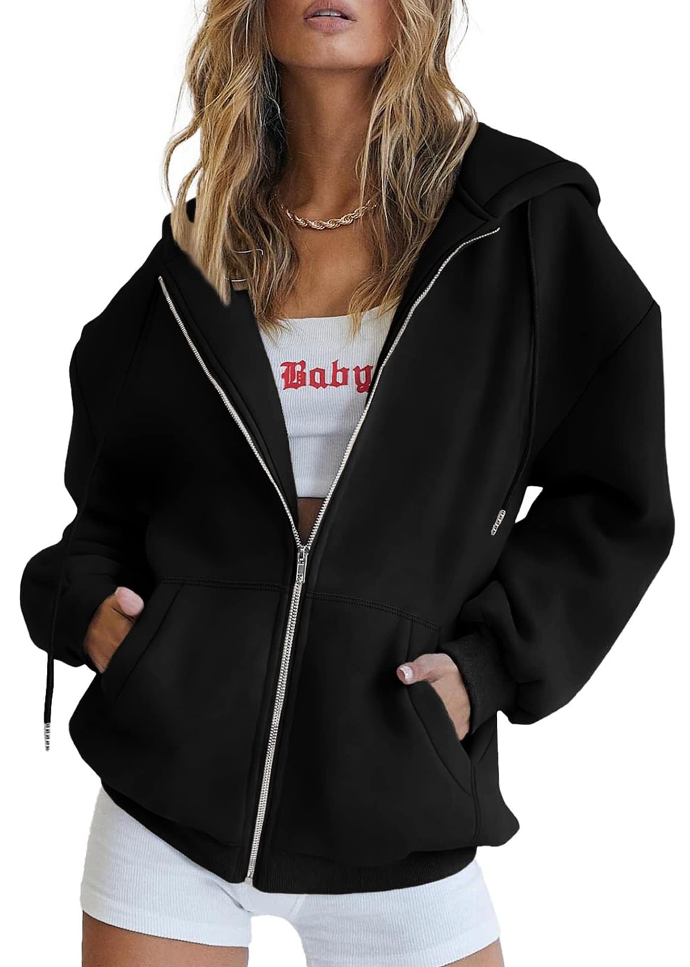 Photo 1 of PRETTYGARDEN Women's 2025 Zip Up Y2K Hoodies Casual Long Sleeve Sweatshirts Fall Spring Track Jackets with Pockets (Black,Medium)