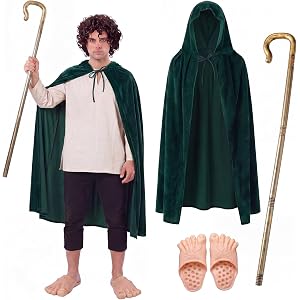 Newcotte 4 Pcs Halloween Medieval Costume Renaissance Hooded Cloak Brown Curly Wig Retractable Cane Large Foot Slippers for H