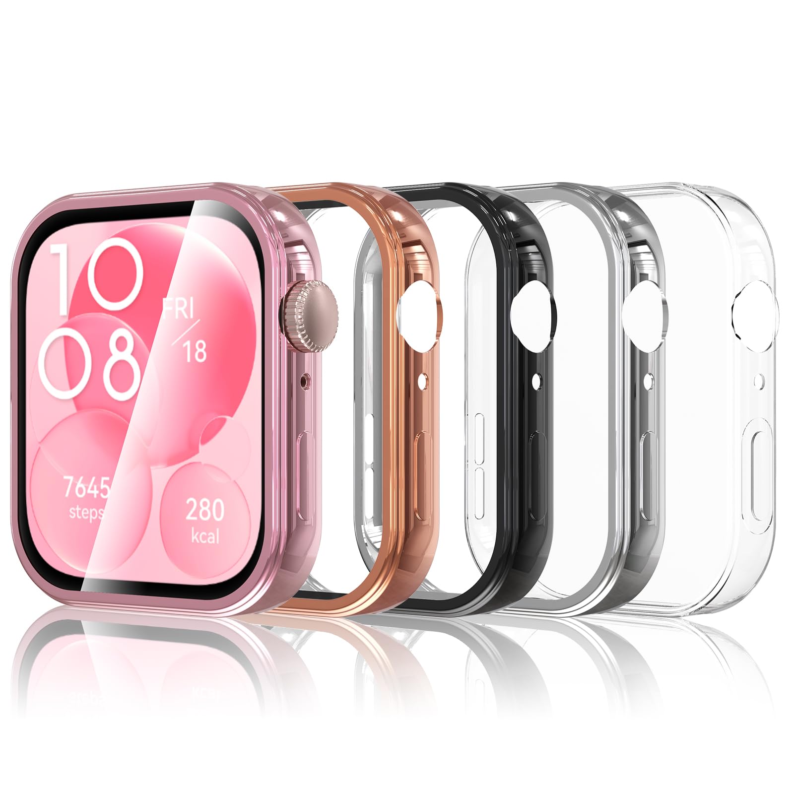 Simpeak 5 Pcs Screen Protector Cover Compatible with Huawei Watch Fit 3, Soft TPU Silicone Gel Case with Protective Film, Anti-Scratch, Full Protection, Clear, Black, Silver, Rose Gold, Pink