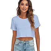 DSPSAM Womens Basic Summer Round Neck Crop Tops Loose Rolled Short Sleeve Solid Tee Shirt