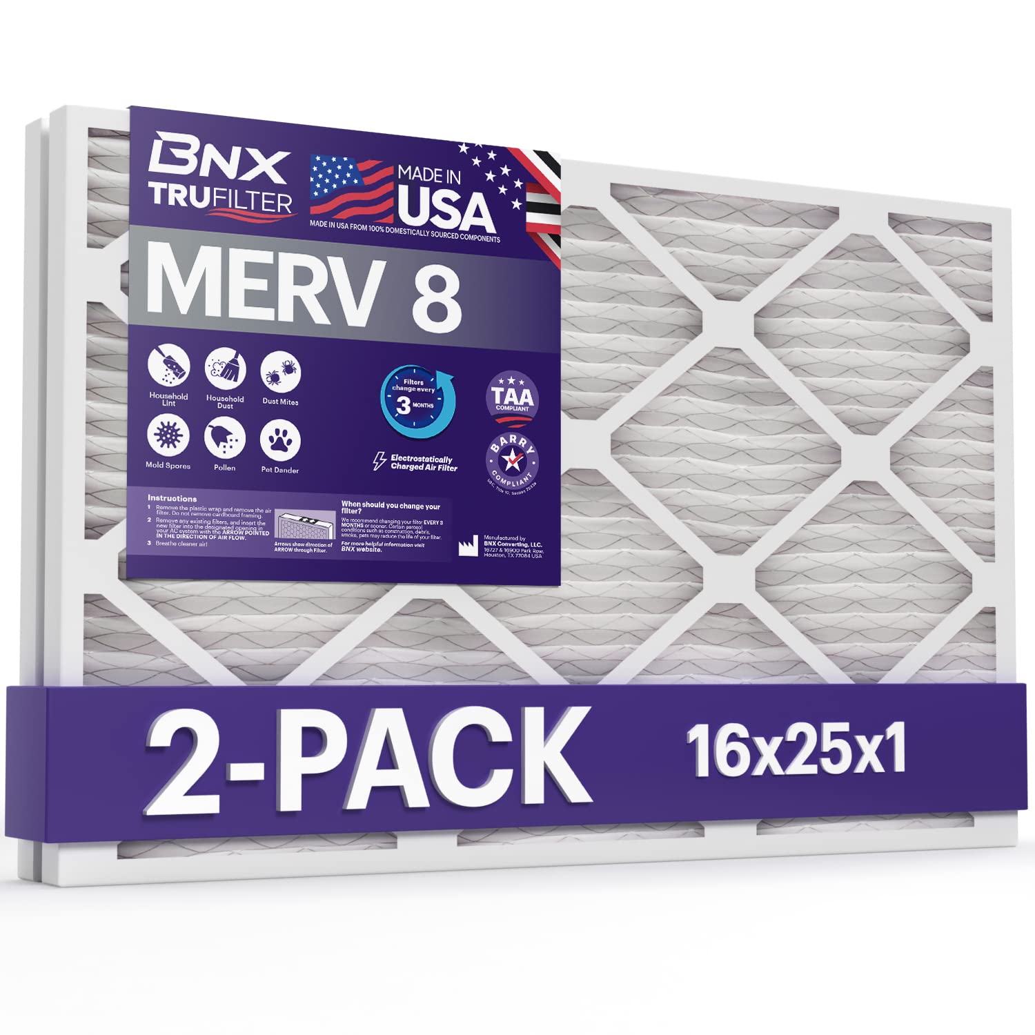 BNX 16x25x1 MERV 8 Air Filter 2 Pack - MADE IN USA - Electrostatic Pleated Air Conditioner HVAC AC Furnace Filters - Removes Dust, Mold, Pollen, Lint Image