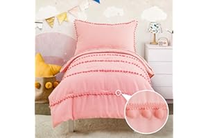 DECMAY Coral Pink Toddler Comforter Set for Girls Baby Pink Crib Bedding Set with 6 Pom Pom Fringes 4 Pieces Pink Boho Comforter with Fitted Sheet, Flat Sheet, Pillowcase