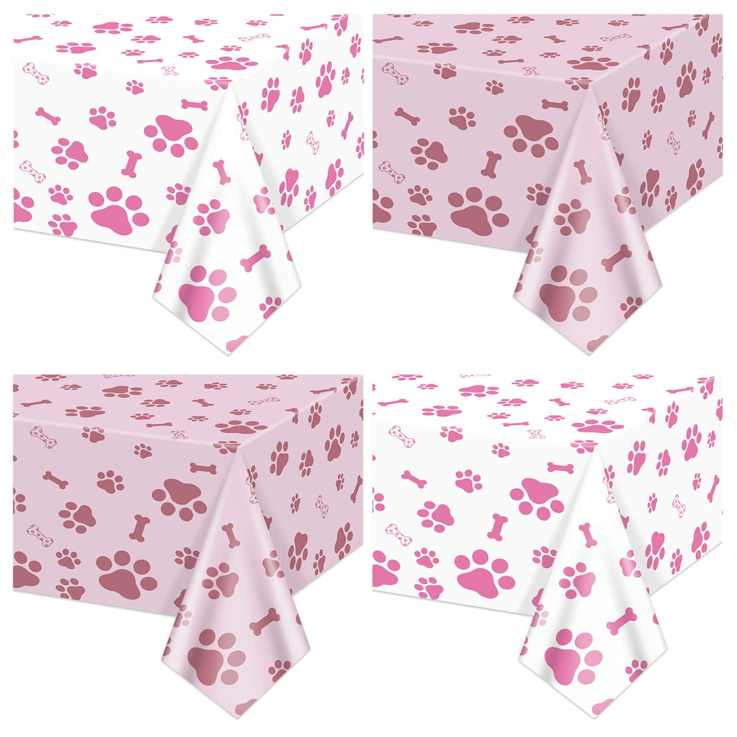 APUXXJUPA Pink Puppy Dog Paw Print Tablecloth, 4 Pcs Pink White Pawty Table Covers for Pet Dog Themed Birthday Party Decorations, 130 x 220 cm
