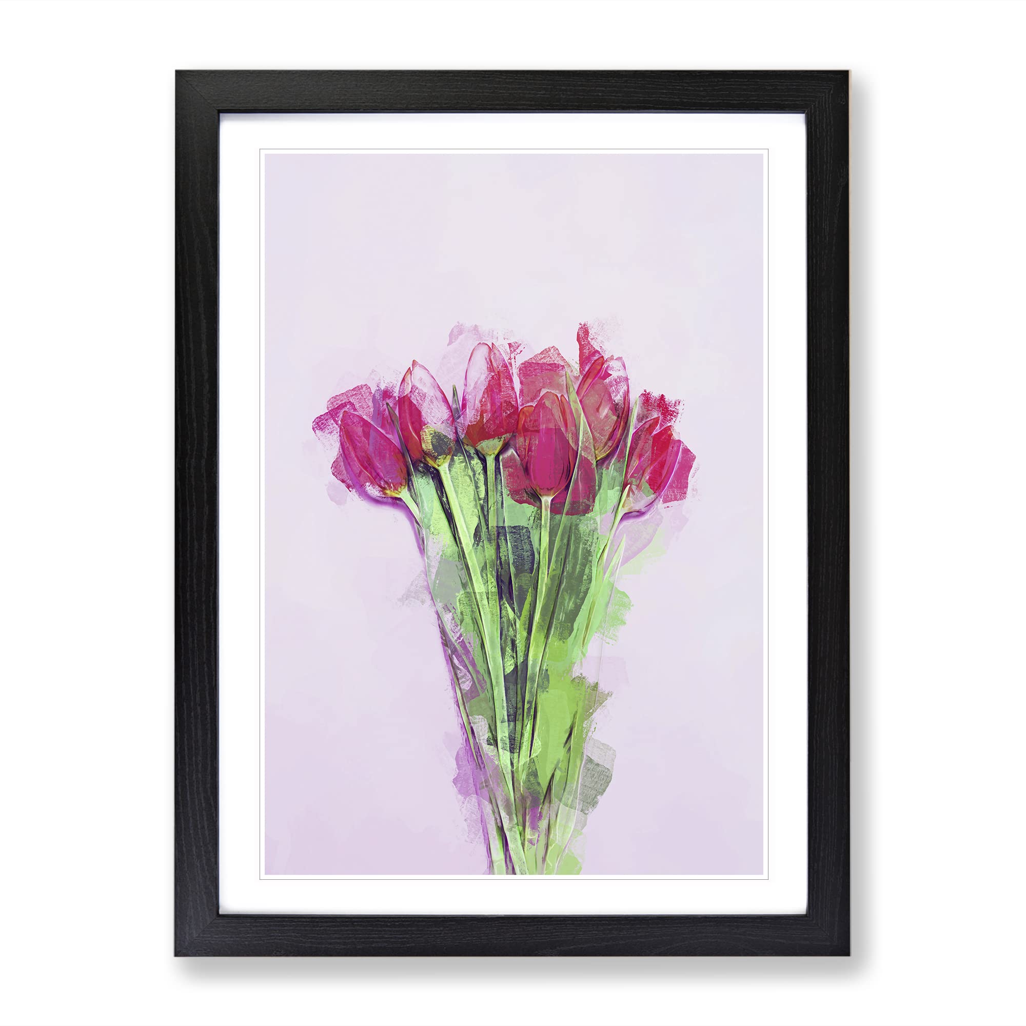 A Bunch Of Pink Tulips In Abstract Modern Framed Wall Art Print, Ready to Hang Picture for Living Room Bedroom Home Office Décor, Black A4 (34 x 25 cm)