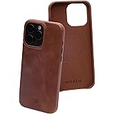 Wilken Leather Slim Phone Case Compatible with iPhone 15 Pro Max | Compatible with MagSafe & Wireless Charging | Premium Top-Grain Leather Cover with Metal Buttons (15 Pro Max, Brown)